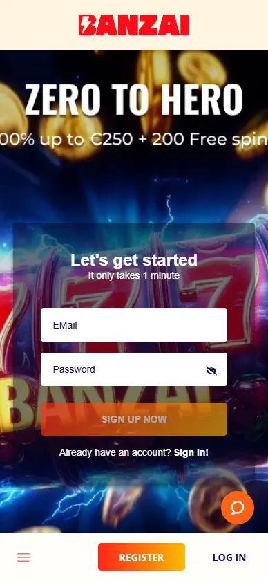 Banzai Casino homepage on mobile
