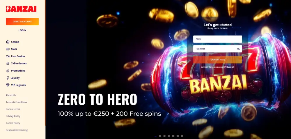 Banzai Casino homepage desktop