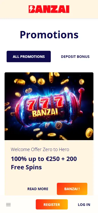 Banzai Casino promotions page on mobile