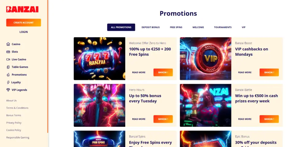 Banzai Casino promotions page desktop