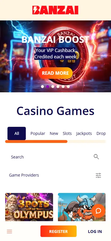 Banzai Casino slots page on mobile