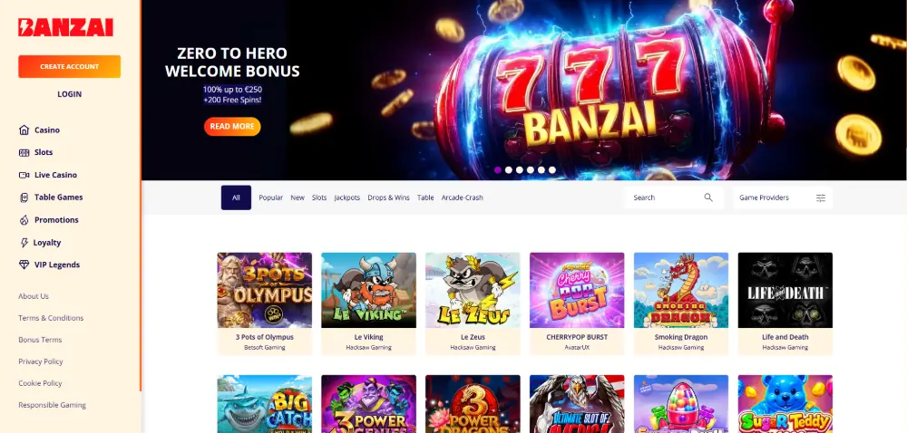 Banzai Casino slots page