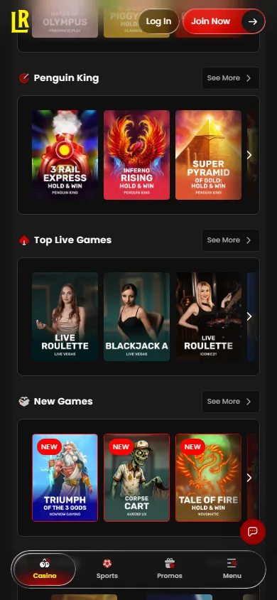 Lucky Rollers casino game lobby on mobile