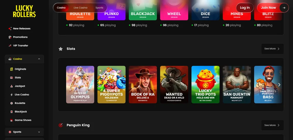 Lucky Rollers casino game lobby