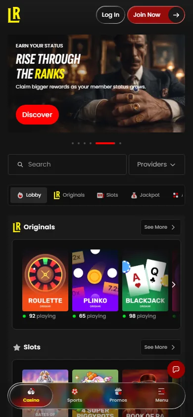 Lucky Rollers casino homepage on mobile