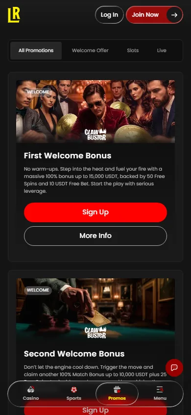 Lucky Rollers casino promotions page on mobile