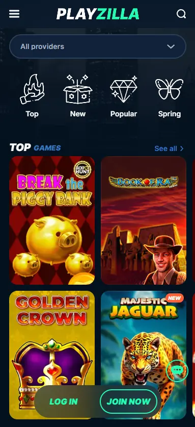 Playzilla Casino games page on mobile