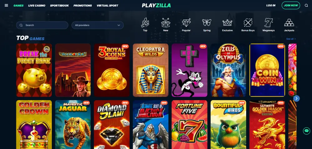 Playzilla Casino games page screenshot