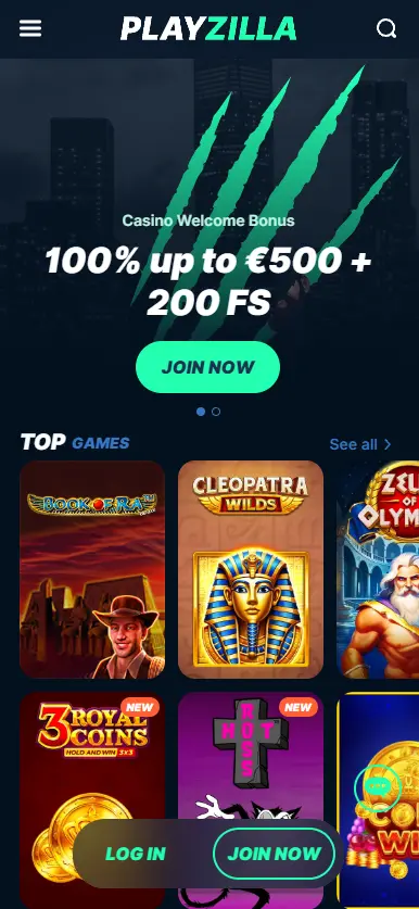 Playzilla Casino homepage on mobile