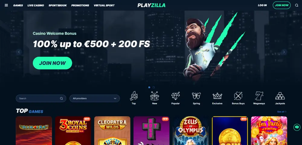Playzilla Casino homepage screenshot