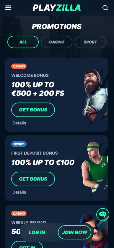 Playzilla Casino promotions page on mobile