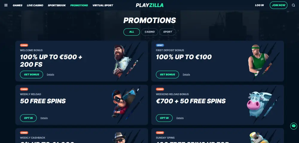Playzilla Casino promotions page screenshot