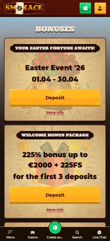 Smokace Casino bonuses page on mobile
