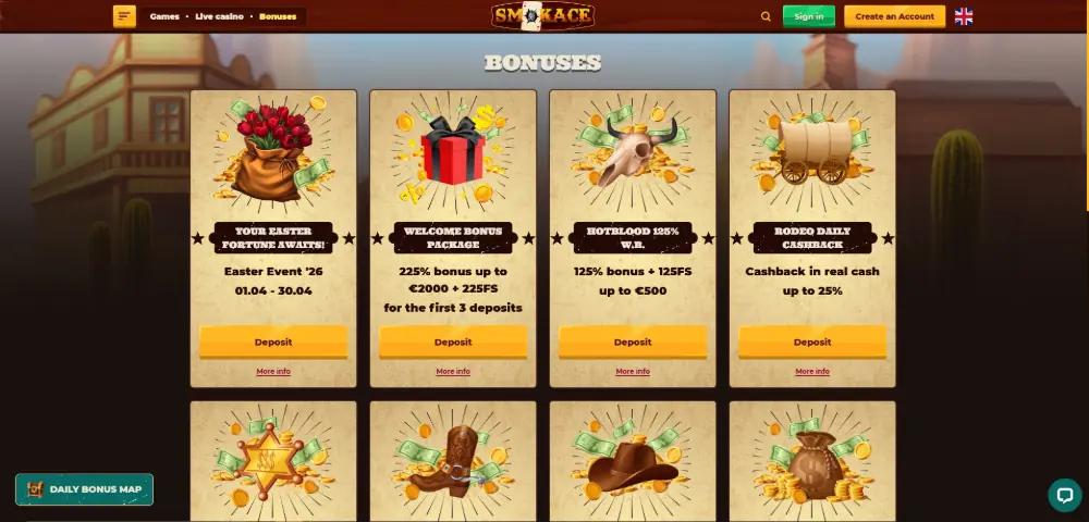 Smokace Casino bonuses page desktop