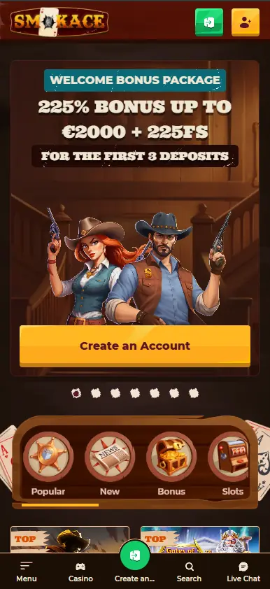 Smokace Casino homepage on mobile