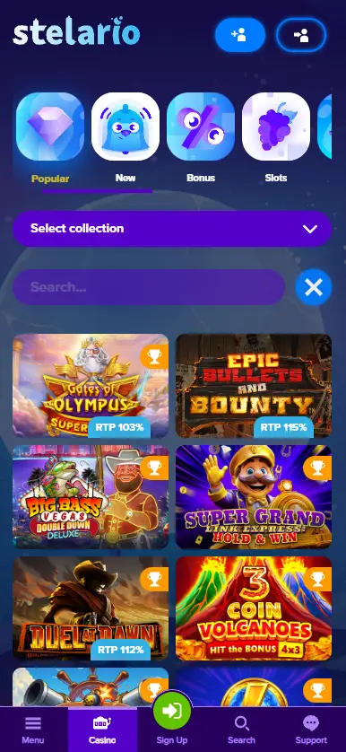 Stelario Casino games page on mobile