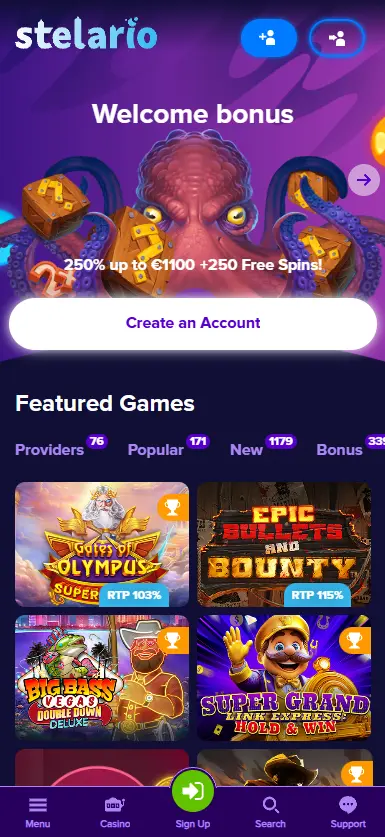 Stelario Casino homepage on mobile
