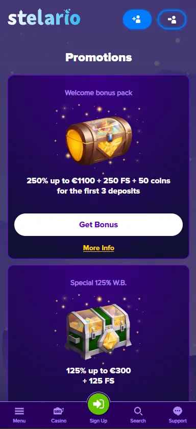Stelario Casino promotions page on mobile