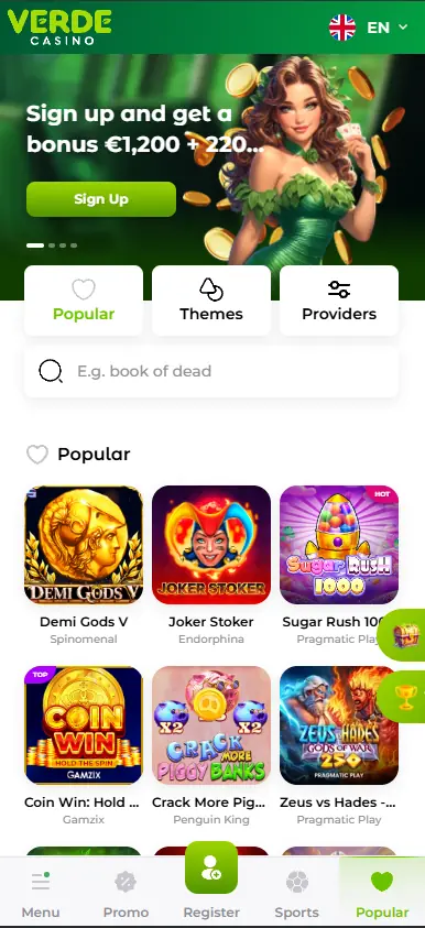 Verde Casino games page on mobile