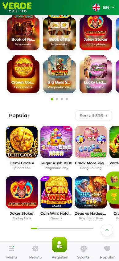 Verde Casino homepage on mobile