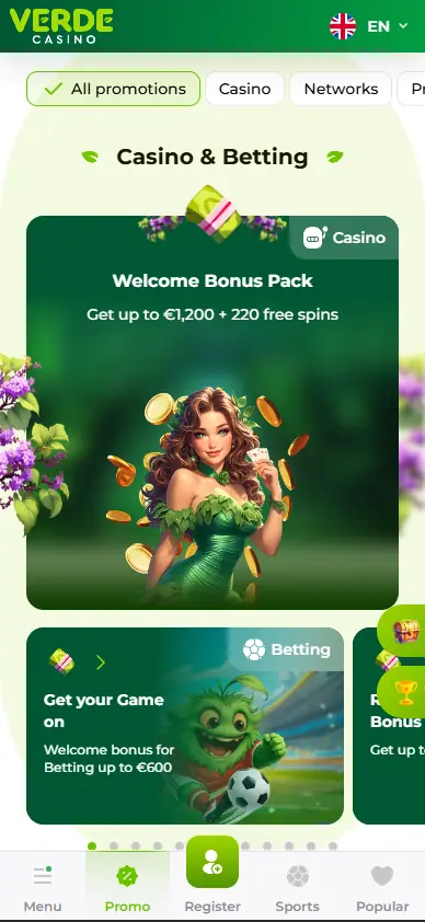 Verde Casino promotions page on mobile